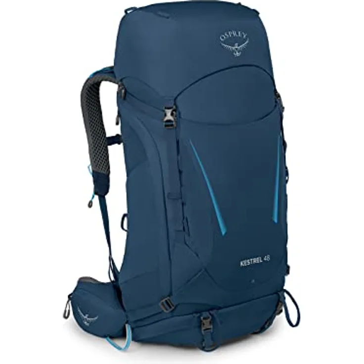 Osprey Kestrel 48, Wanderrucksack für Herren mit verstellbarer AirScape Rückenplatte, integrierter Regenhülle und Trekkingstock-Befestigung, Atlas Blue S/M