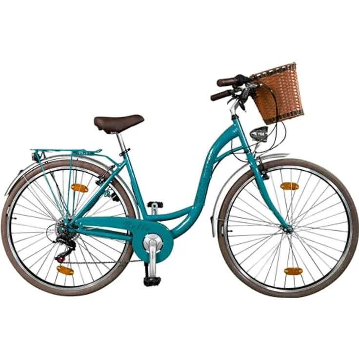 BERLIN BIKE Bella Bike Cityrad 6 Gang Shimano Schaltwerk, Kettenschaltung, 28 Zoll stilvolles Hollandrad, klassisch-Elegantes Vintage Damenfahrrad, mit Korb (Türkis)