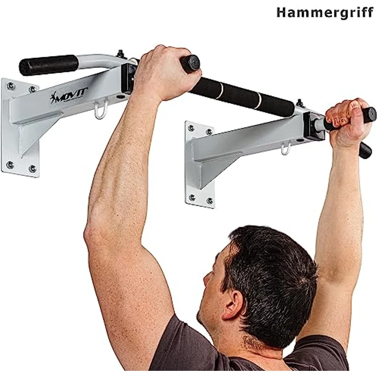 MOVIT® Profi Klimmzugstange zur Wandmontage, bis 350 kg, 4x rutschfeste Griffe + XXL Softgrip, 2x Ösen für Zubehör, schadstoffgeprüft, Schwarz, Türreck Reckstange Pull up bar – Bild 4