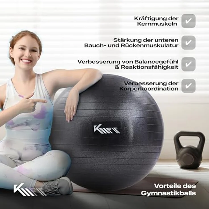 KM-Fit Gymnastikball 75cm | Trainingsball mit Luft-Pumpe | Sitzball Büro Anti-Burst | Ball für Fitness, Yoga, Gymnastik, Core Training | Pezziball Yogaball BPA-Frei | Schwarz – Bild 3