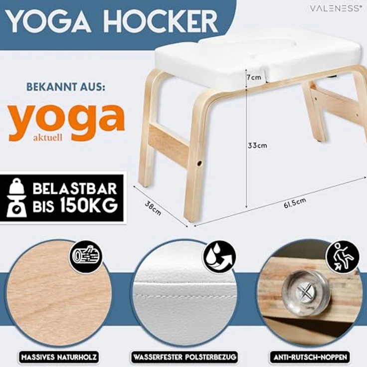 VALENESS Yoga Kopfstandhocker - Yoga Hocker inkl. Yogagurt, Yogablock & Übungsposter - Handstand Trainer aus Naturholz (weiß) – Bild 2