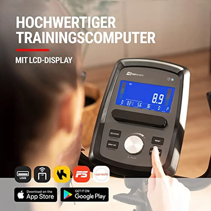 HS HOP-SPORT Liegeergometer HS-120L Ravel - Liegefahrrad Heimtrainer mit 12 Trainingsprogrammen, Bluetooth & App Steuerung, LCD-Display und ergonomischem Sitz, Schwarz – Bild 3