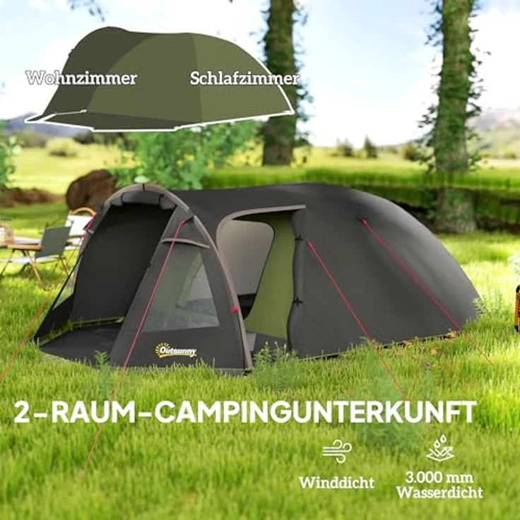 Outsunny Tunnelzelt 4 Personen, leicht und stabil, wasserdicht 3000mm Wassersäule, UV 50+, mit Vordach und Doppeltüren, ideal für Camping und Trekking – Bild 3