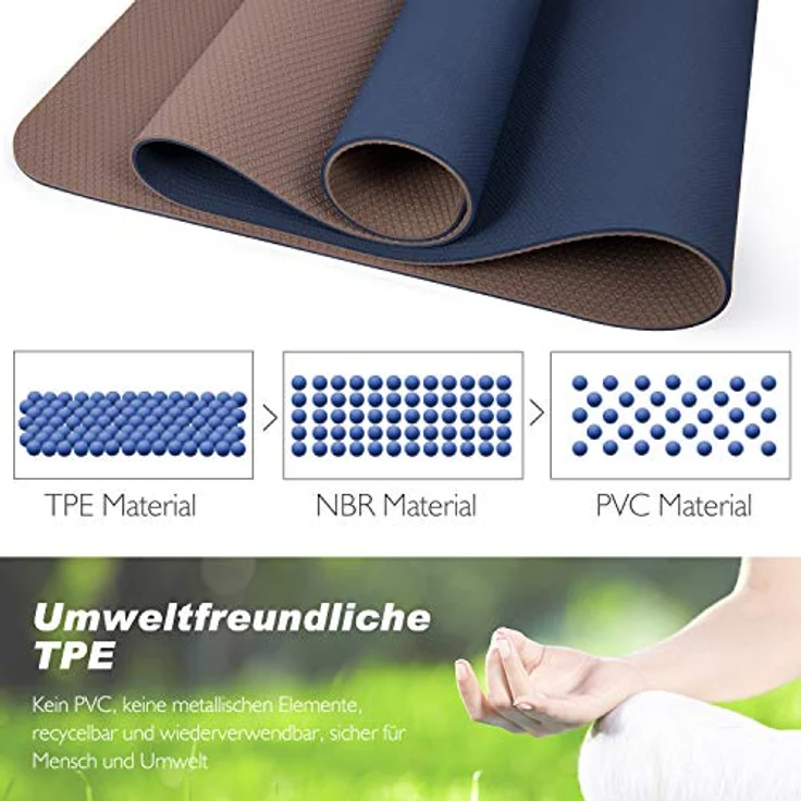 TOPLUS Yogamatte, gepolstert & rutschfest für Fitness und Pilates, dunkelblau-braun mit Tragegurt – Bild 4