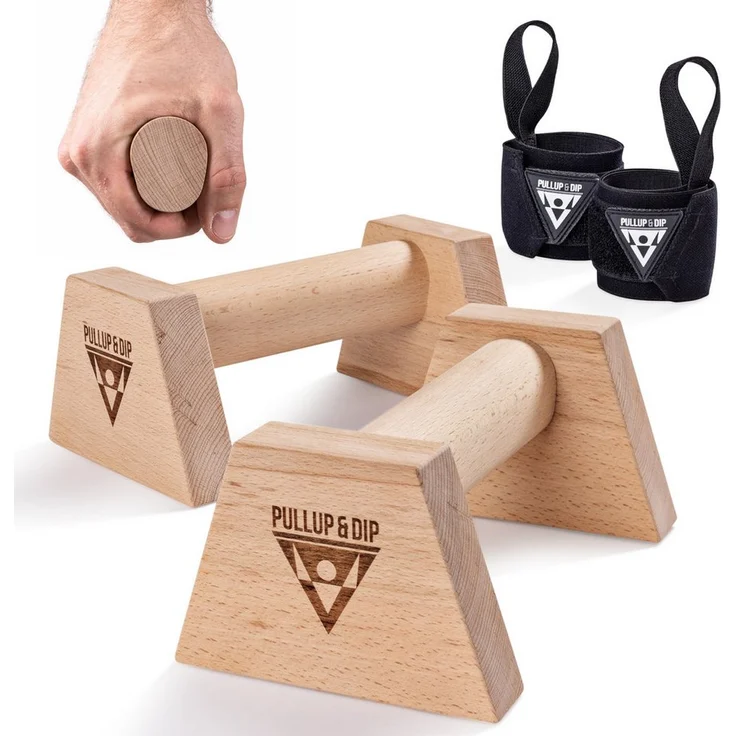 Pullup & Dip Holz Liegestützgriffe, ergonomischer Griff mit Wrist Wraps, aus robustem Buchenholz
