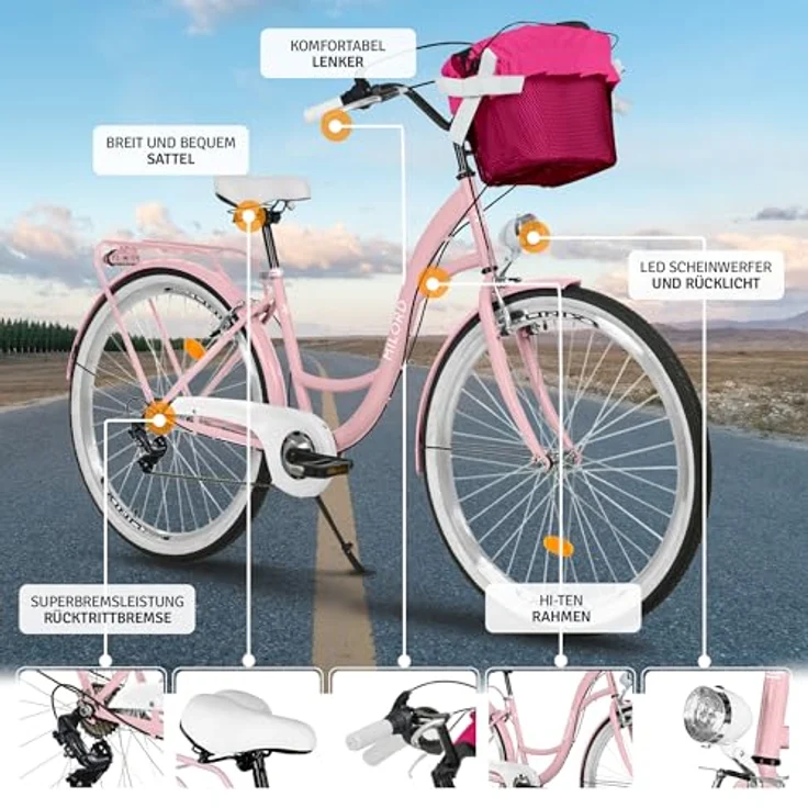 Milordbikes City-Fahrrad, Pink, 46 cm, leichtes Metall, mit hinterem Träger und hochwertigen Aluminiumfelgen – Bild 2
