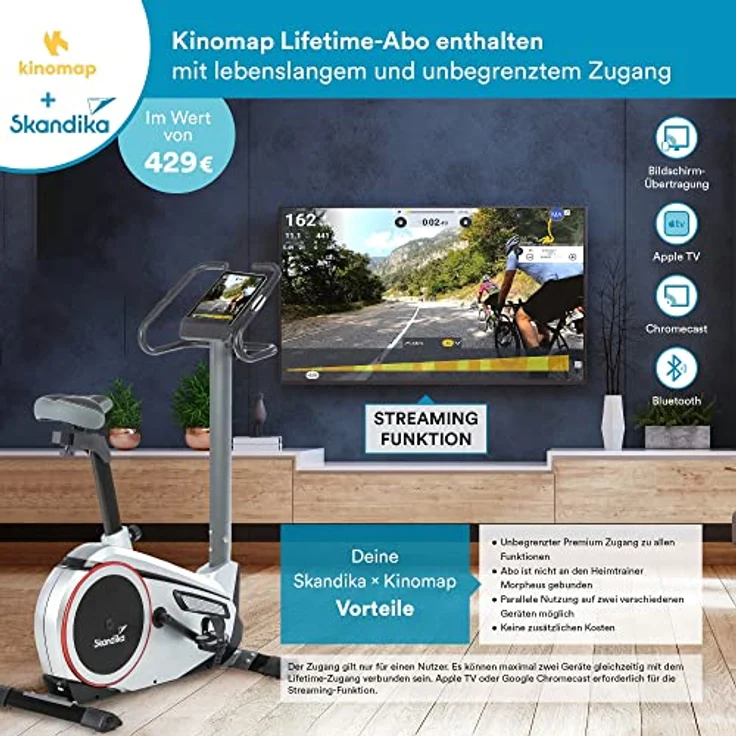 Skandika Ergometer Morpheus mit Kinomap Lifetime-Abo| Heimtrainer für Zuhause, 12 kg Schwungmassensystem, 32 Levels, 24 Programme, Pulsgurt, Tablethalterung | Indoor Fahrrad bis 150 kg – Bild 2