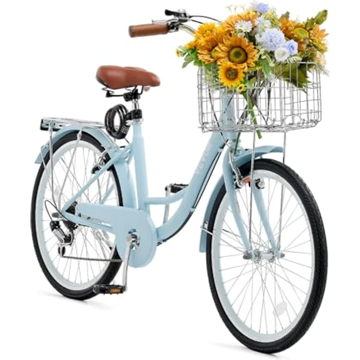 VEVOR Cruiser Fahrrad 26 Zoll, 7-Gang Beach Fahrrad mit großem Korb & Gepäckträger, verstellbarem Sitz in Blau für Radfahren & Einkaufen – Bild 1