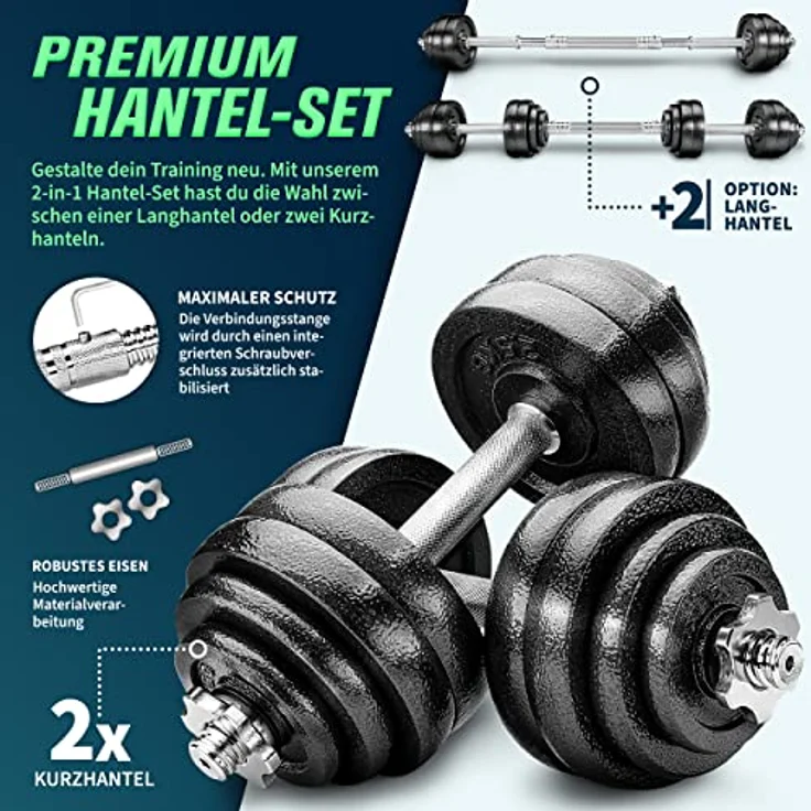 RE:SPORT 2 in 1 Hanteln Set 40 kg, verstellbar aus Gusseisen, Kurzhantel & Langhantel mit Sicherheitsverschlüssen und Verbindungsrohr – Bild 2