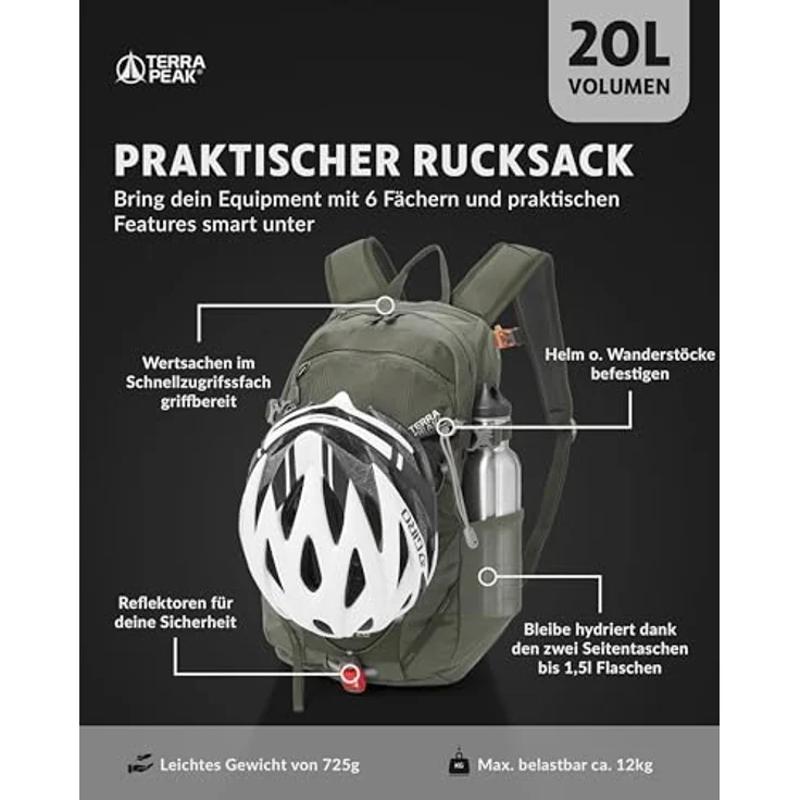 Terra Peak® Premium Wanderrucksack FLEX 20, 20L, wasserdicht, Daypack, olivegrün mit Hüftgurt und Rückenbelüftung – Bild 3