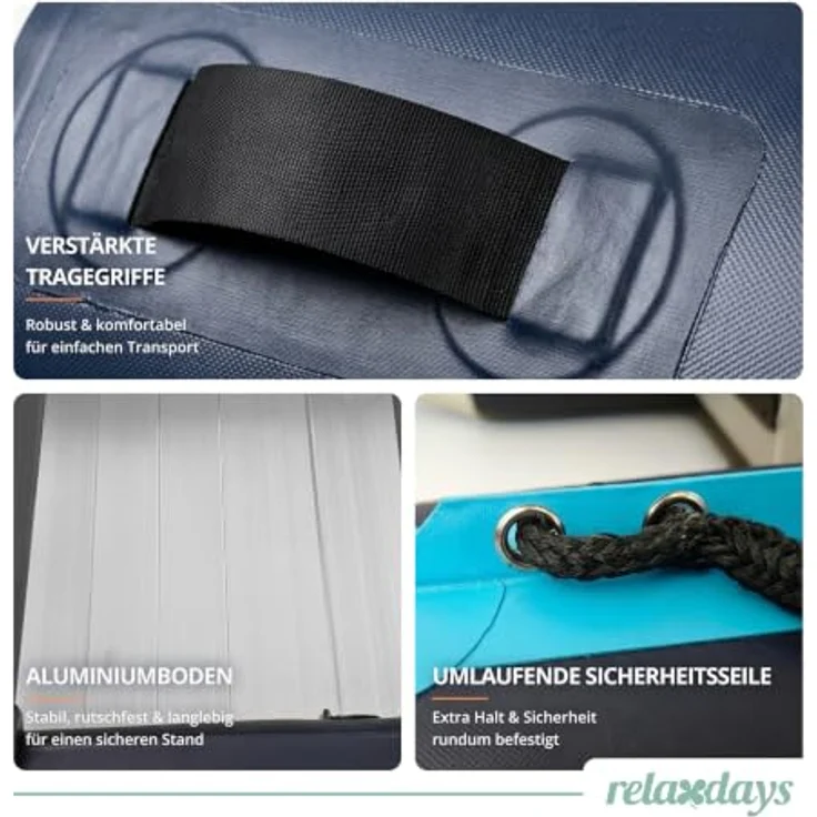 relaxdays Schlauchboot 3,20 M für 4 Personen, robustes PVC, mit Aluminiumboden und stabilen Luftkammern, blau/weiß – Bild 8
