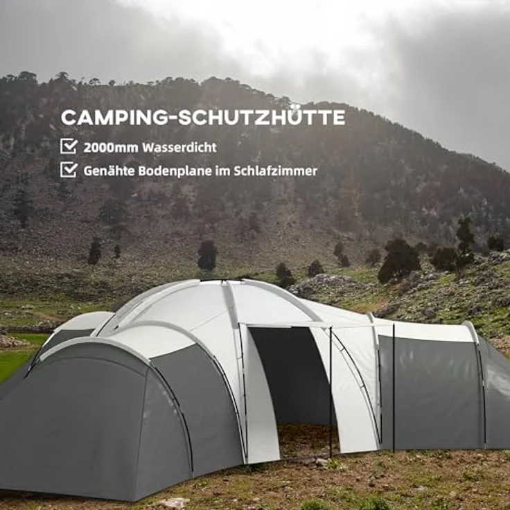 Outsunny Tunnelzelt, Campingzelt für 6-9 Personen, Familienzelt mit 3 Schlafzimmern, Wohnzimmer, Veranda, 2000mm Wasserabweisend Oxford, Grau – Bild 4