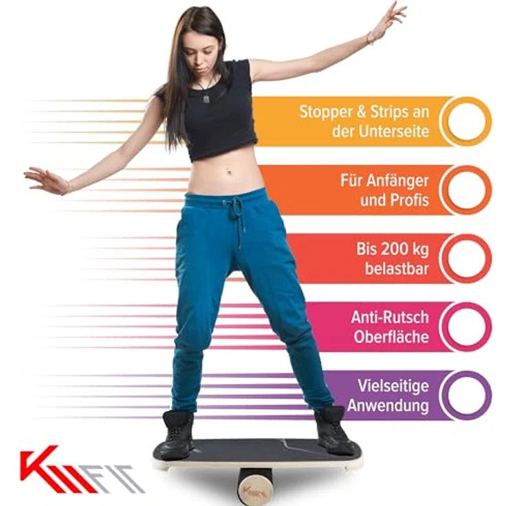 KM-Fit Balance Board | Balancebrett aus Holz | Indoor Skateboard Indoorboard | Surfboard, Surfbrett für Koordinationstraining | Kraft- & Gleichgewichtstrainer | Indoor-Surfen & Skaten – Bild 2