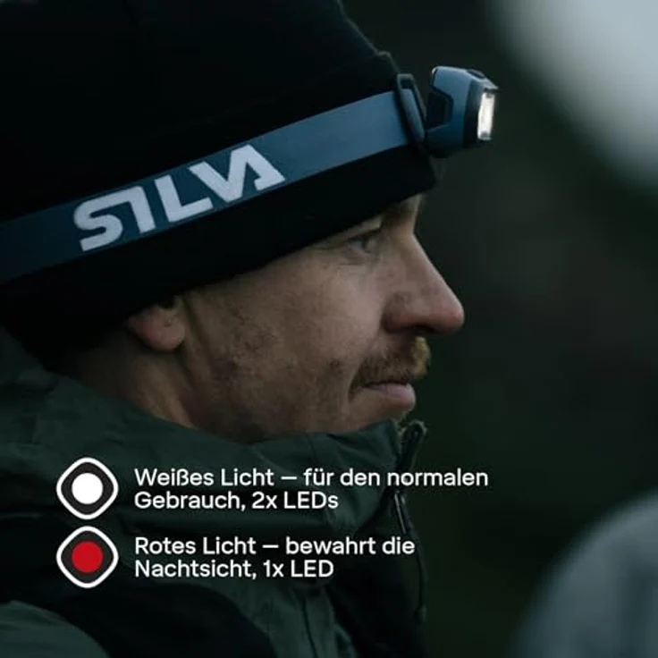 Silva Seek 450, LED Stirnlampe wiederaufladbar mit 450 Lumen, 3 Helligkeitsstufen, rot und weiß, IPX5 wasserfest, für Outdoor und Laufen – Bild 4
