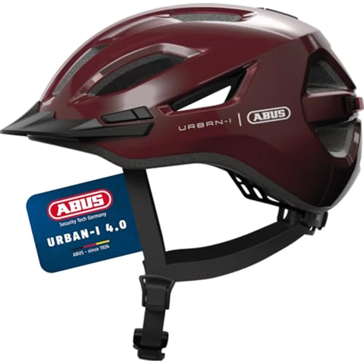 ABUS Stadthelm Urban-I 4.0, Fahrradhelm mit aufladbarem Rücklicht, 2 Leuchtmodi, Schirm, Zopf-Öffnung, magnetischem Verschluss, Größe S, rot – Bild 1
