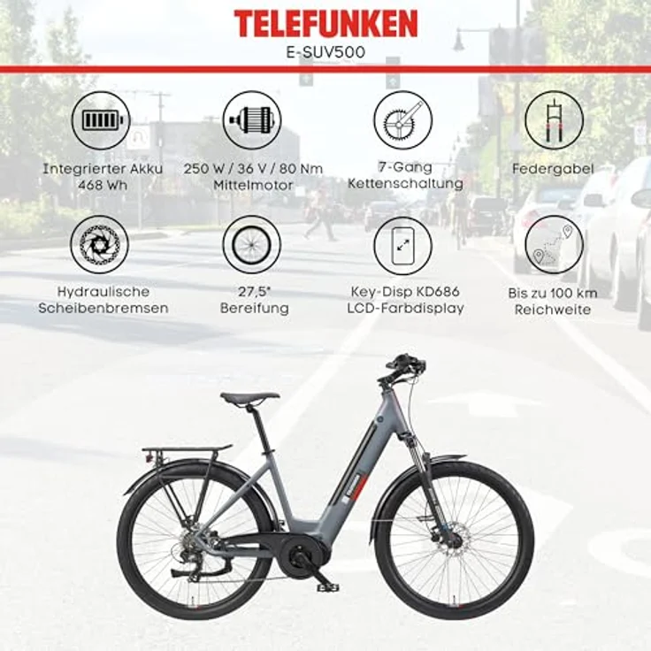 TELEFUNKEN E-Bike Damen 27,5 Zoll, Elektrofahrrad Mittelmotor, 7-Gang Shimano Kettenschaltung, Hydr. Scheibenbremsen - Pedelec SUV-Bike, SUV500, blau - Preisvergleich – Bild 5