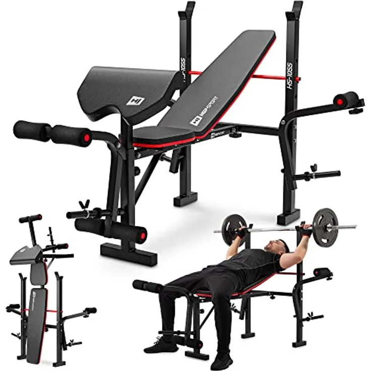 Hop-Sport klappbare Hantelbank HS-1055 mit Langhantel-Ablage, Curlpult und Butterfly- verstellbare Trainingsbank für Bankdrücken