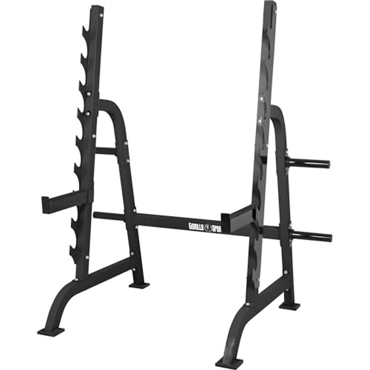 GORILLA SPORTS® Squat Rack, Kniebeugenständer mit Hantelscheibenständer, 9 Ablagen, max. 300 kg, aus Stahl, grau, 162,5 x 115 x 186 cm – Bild 1