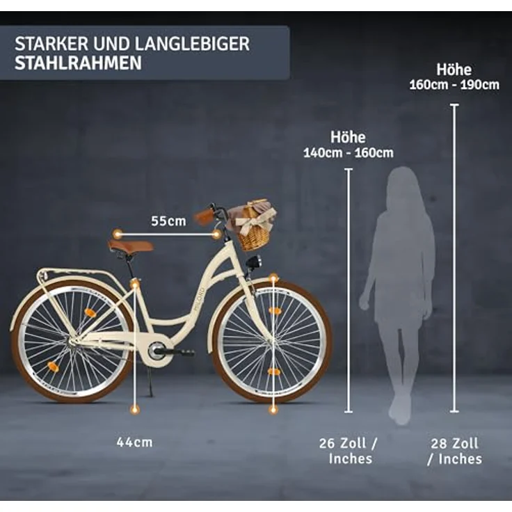 Milordbikes City-Fahrrad, Braun-Creme, 46 cm, Metallrahmen, 700C x 35 mm Reifen, inklusive Pedale und Lenker – Bild 3