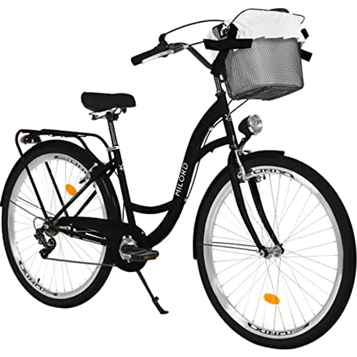 Milordbikes City-Fahrrad, Schwarz, 46 cm, Metallrahmen, leicht rollende 700C x 35 mm City-Reifen, inkl. hinterer Trägersystem