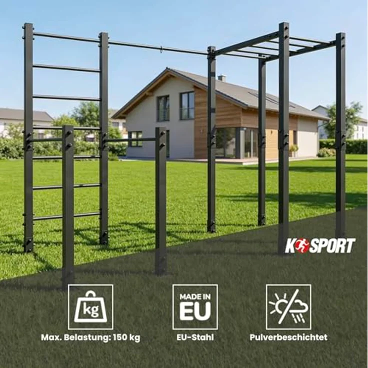 K-Sport Calesthenics Turnstange Garten, wetterfeste Kraftstation bis 150 kg, inkl. Barren, Sprossenwand, Klimmzugstange & Hangelleiter, Schwarz, Made in EU – Bild 3