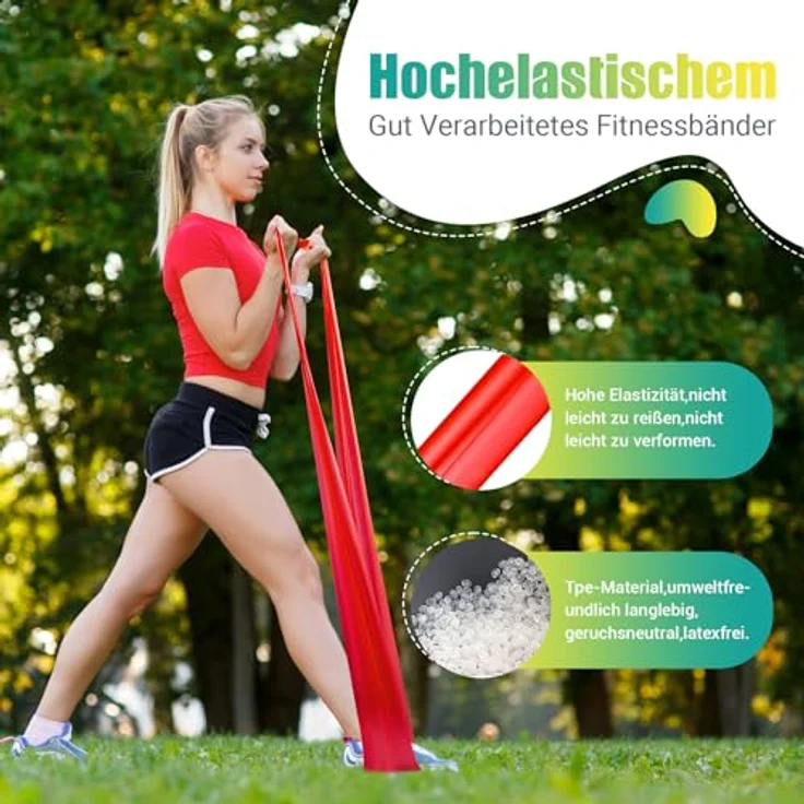 GYMERK Fitnessbänder Set 4er, 1.8M/2M Widerstandsbänder in Gelb, Rot, Grün, Blau, 4 Widerstandsstufen mit Übungsposter und Tragetasche, Ideal für Yoga, Pilates und Muskelaufbau – Bild 2