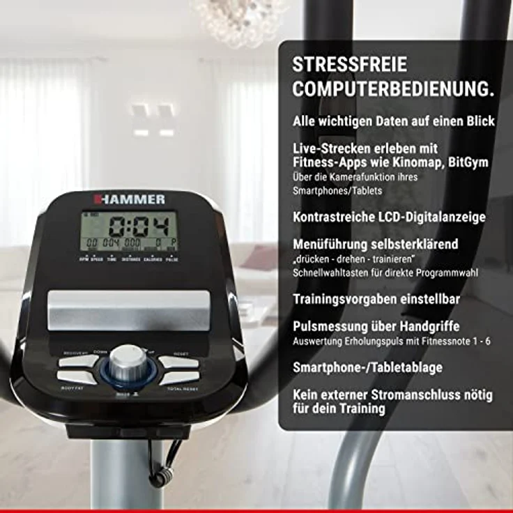HAMMER Crosstrainer CT3, kompakt und platzsparend, Smartphone- und Tablethalterung für Multimedia-Unterhaltung, Cardiogerät mit Handpulssensoren, einfachste Bedienung, max. Gewichtsbelastung 100 kg – Bild 5