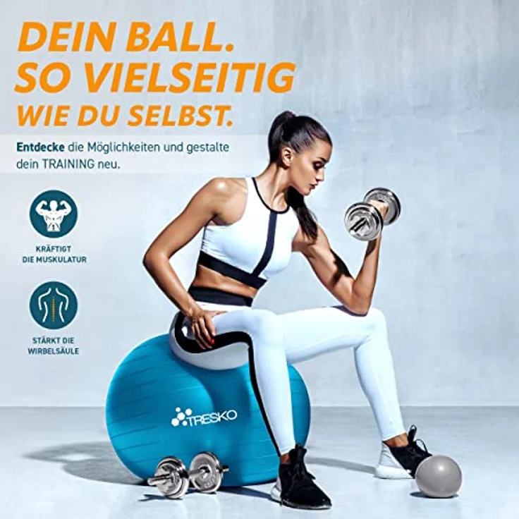 TRESKO Gymnastikball mit GRATIS Übungsposter inkl. Luftpumpe - Yogaball BPA-Frei | Sitzball Büro | Anti-Burst | 300 kg,Blau,85cm (für Körpergröße über 185cm) – Bild 2