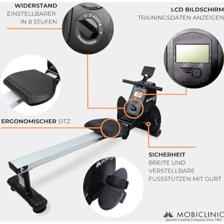 Mobiclinic® RowFit Rudergerät, 8 Widerstandsstufen, geräuschlos, LCD-Monitor, Handy-Ständer, Bis zu 120 kg, 6kg Schwungrad, Home Gym – Bild 5