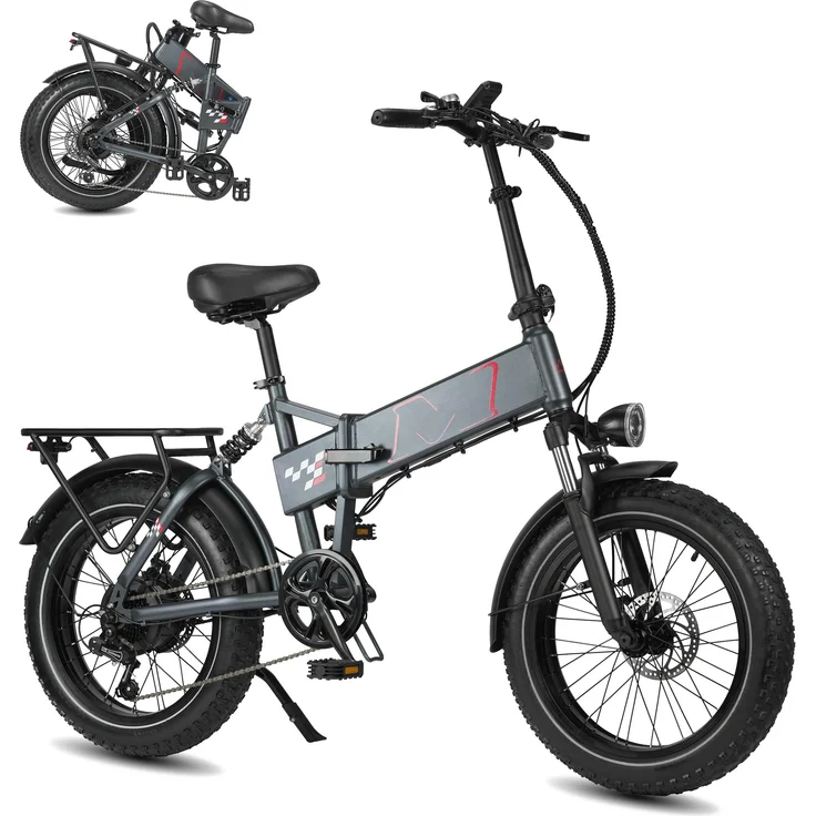 PIXAR Polaris 20 Zoll Fat E-Bike, 250W, 48V 13Ah Akku, bis 45 km Reichweite, Shimano 7-Gang, Gepäckträger, Schwarz/Grau