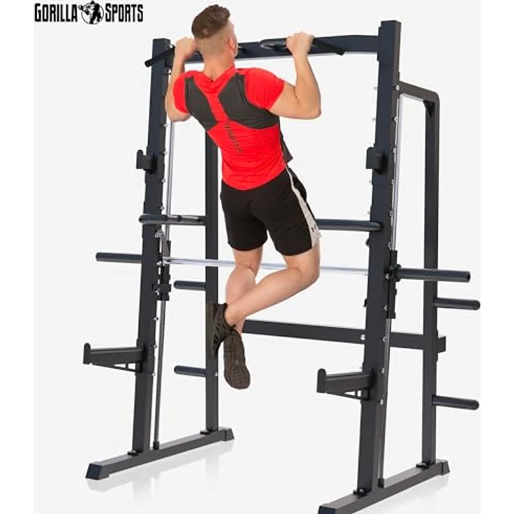 GORILLA SPORTS® Half Rack Smith Machine - Schwarzes Squat Rack mit Klimmzugstange, für 30/50mm Hantelscheiben, Maximale Belastbarkeit 300 kg – Bild 2