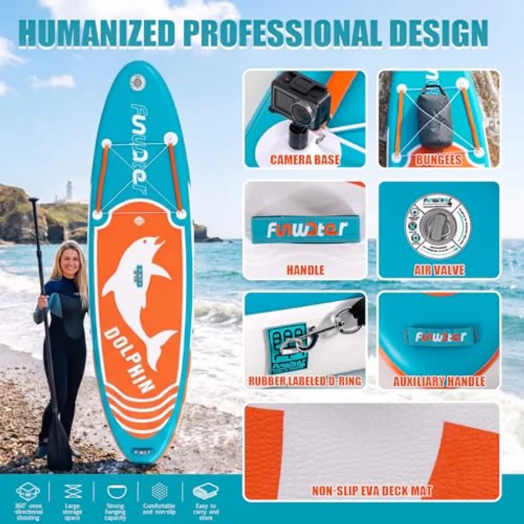 FunWater Stand Up Paddling Board 320 cm & 350 cm – Doppellagiges PVC, aufblasbares SUP für 2 Personen, inklusive Zubehör, DELFIN-BLAU, anfängerfreundlich – Bild 3