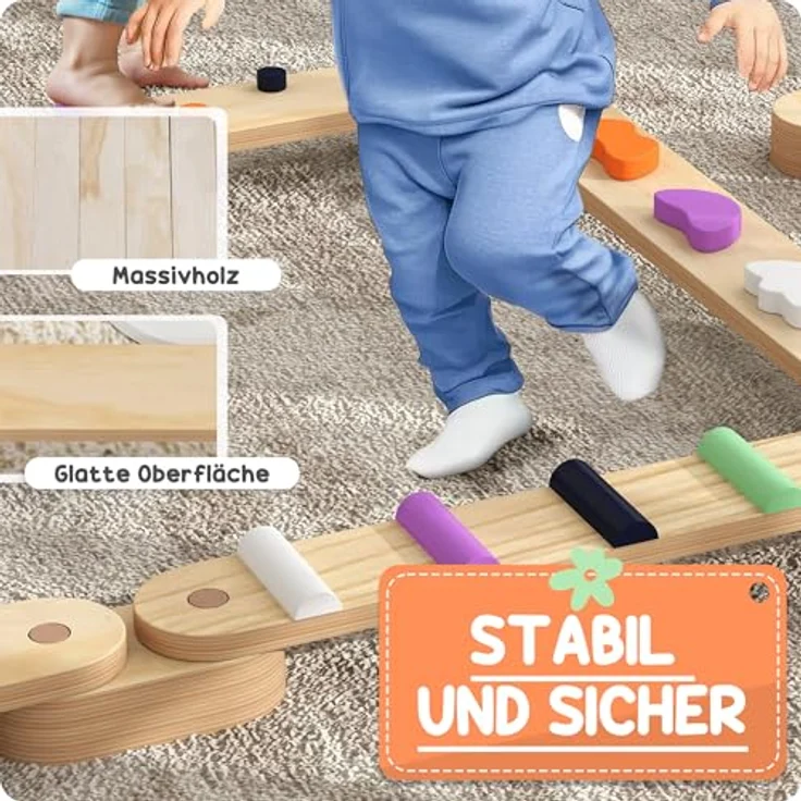 AIYAPLAY Balanceboard Holz Schwebebalken, Mehrfarbig mit Bunte Hindernissteine, für Koordination und Stabilität, geeignet für 3-8 Jahre Kinder – Bild 5