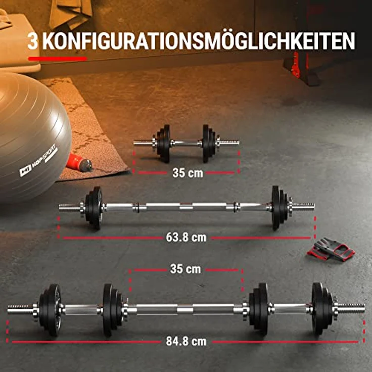 HS HOP-SPORT 2in1 Kurzhanteln & Langhantel Set - Gusseisen Hanteln Set 20kg mit Verbindungsrohr - inkl. Trainingshandschuhe, schwarz – Bild 2