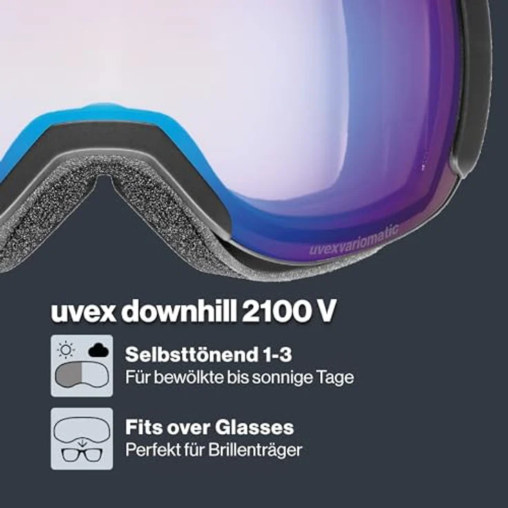 Uvex downhill 2100 V, selbsttönende Skibrille mit Anti-Fog-Beschichtung für Damen und Herren, black matt/blue-clear, one size – Bild 2
