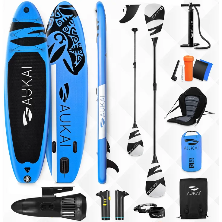 Aukai SUP-320-PRO Stand Up Paddle Board 320 cm mit Elektromotor, Kajak-Sitz und Doppelpaddel, aufblasbar, Ocean blau