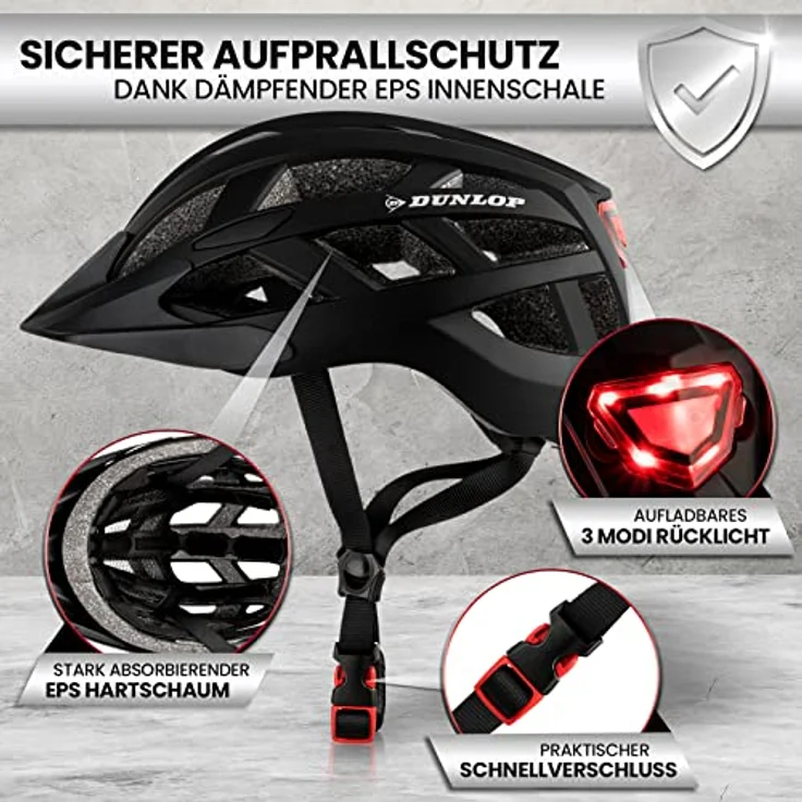 Dunlop Fahrradhelm mit Licht, ultraleichter Urban Helm für Damen, Herren und Kinder mit abnehmbarem Visier, Rücklicht und optimaler Belüftung, Schwarz, Gr. L – Bild 3