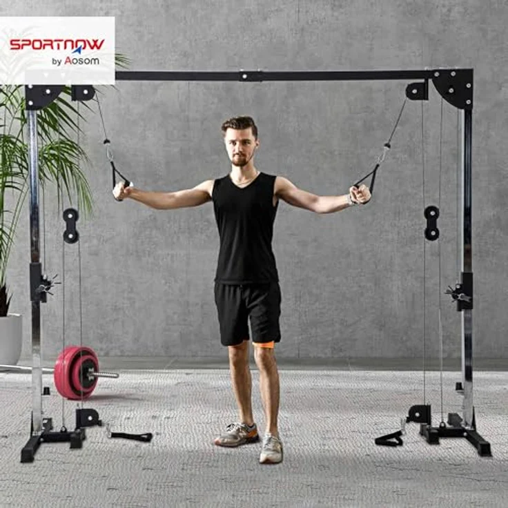 SPORTNOW Kabelzug Kraftstation, freistehend mit Steckgewichten bis 50kg pro Seite, 4 Griffe, optimale Trainingsvielfalt, 245 x 207 cm – Bild 2