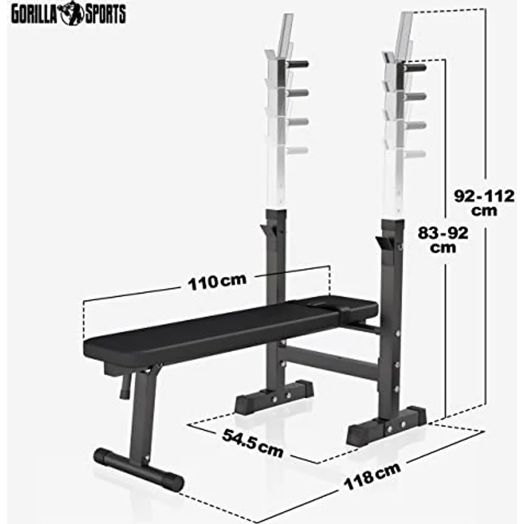 GORILLA SPORTS® Hantelbank - inkl. Hantelset 38 kg/70 kg, Ablage und Dip-Station, Verstellbare Höhe und Neigungswinkel, Klappbar, bis 200 kg - Trainingsbank mit Langhantelset, Flachbank, Schrägbank – Bild 4