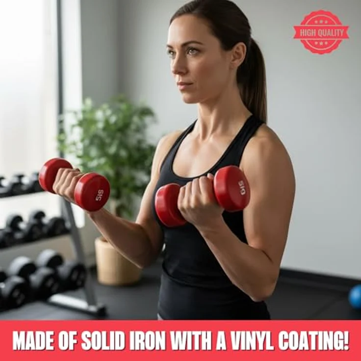 MATCHU Vinyl-Hanteln 2er-Set, 2x0,5 kg, mit massiver Eisenfüllung, rutschfester Griff, sechseckige Form, rot – Bild 4
