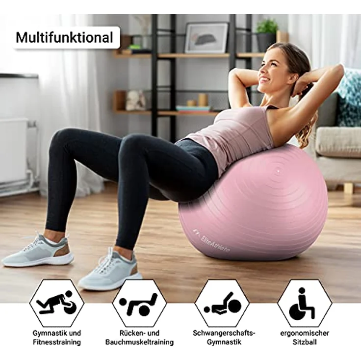 EliteAthlete Gymnastikball Sitzball Büro ergonomisch mit Anti Burst System - Fitness Pilates Schwangerschaft - Schwangerschaftsball Fitnessball Yogaball - Yoga Ball 55cm inkl. Luftpumpe – Bild 2