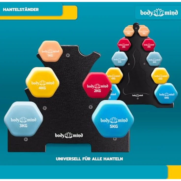 Body & Mind® Hanteln 2er Set, Gymnastikhanteln mit rutschfester Neoprenbeschichtung, 10 Kurzhanteln in 5 Gewichtsklassen und 5-Ebenen Hantelständer für effektives Krafttraining zuhause – Bild 4
