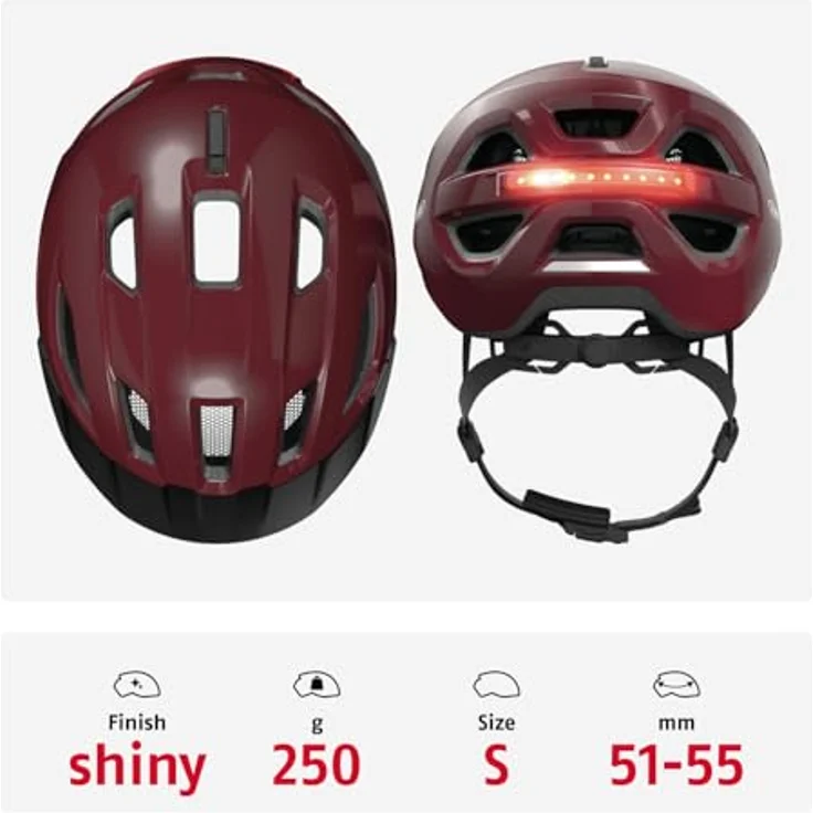 ABUS Stadthelm Urban-I 4.0, Fahrradhelm mit aufladbarem Rücklicht, 2 Leuchtmodi, Schirm, Zopf-Öffnung, magnetischem Verschluss, Größe S, rot – Bild 3
