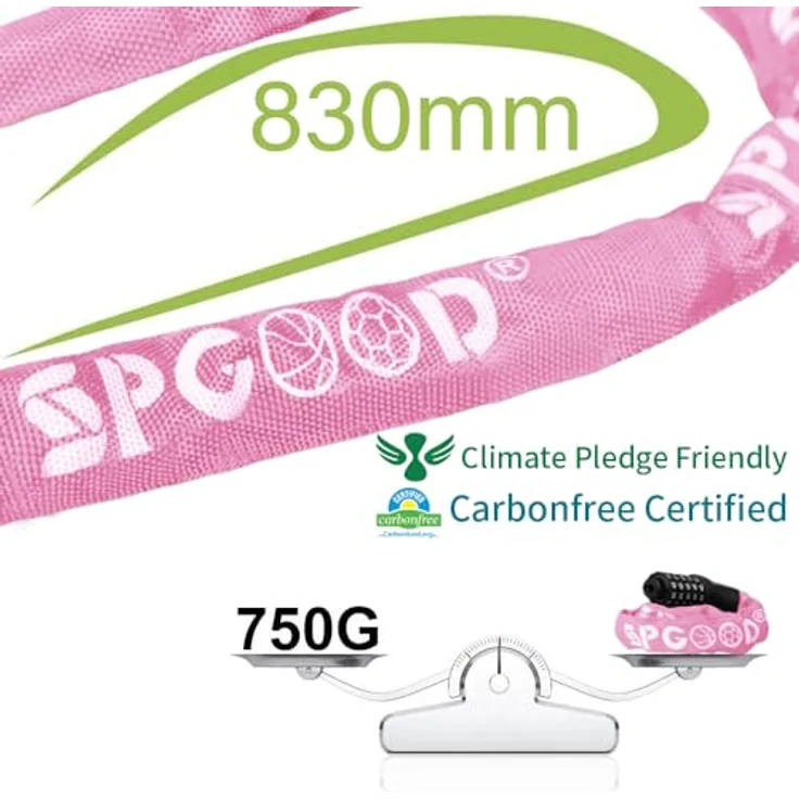 SPGOOD Fahrradschloss, Kettenschloss mit 5-stelligem Zahlen-Code, gehärtete Stahlkette, hohe Sicherheitsstufe, 830 mm, hell-pink – Bild 2