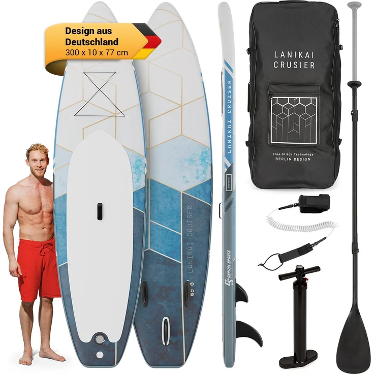 CAPITAL SPORTS Lanikai Cruiser 9.8, aufblasbares Paddelboard SUP-Board-Set 305x77x10, grau / weiß, inkl. Teleskop-Paddel, Fußleine und Transport-Rucksack
