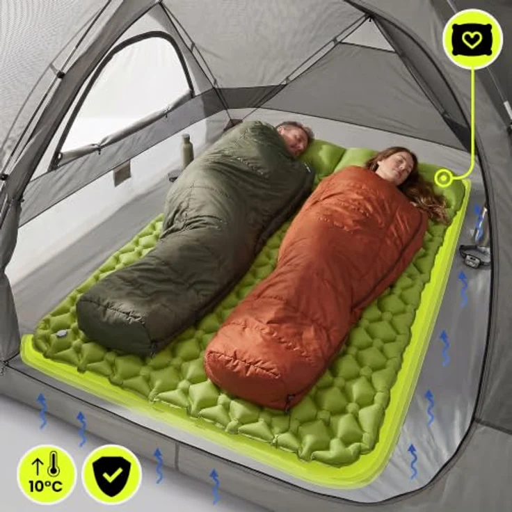 HyperMotion Campmat 2, ultraleichte Isomatte für 2 Personen, 190x120 cm, grün, mit integriertem Kopfkissen und kompaktem Packmaß – Bild 3
