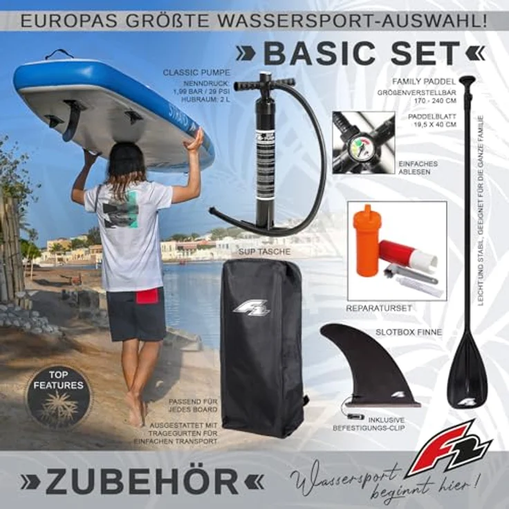 F2 Stand up Paddle Board CALIFORNIA - HFT SUP 10,6, Aufblasbar, Türkis, mit 2 Softfinnen und Zubehörset – Bild 3