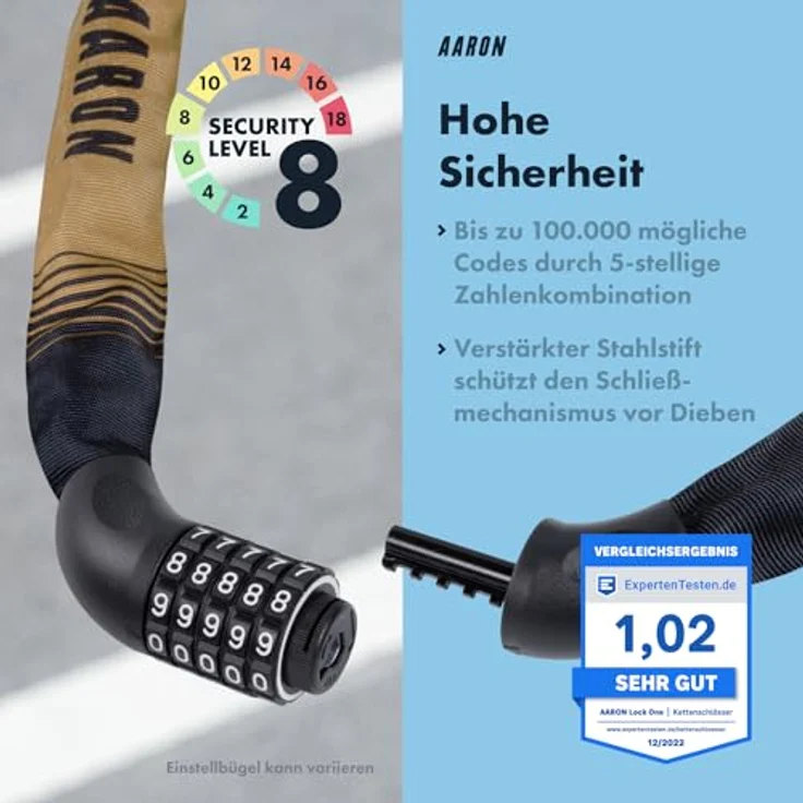 AARON Lock One Kettenschloss, Fahrradschloss mit 5-stelligem Zahlencode, gehärtetem Stahl und hoher Sicherheitsstufe, 100 cm, sand – Bild 4