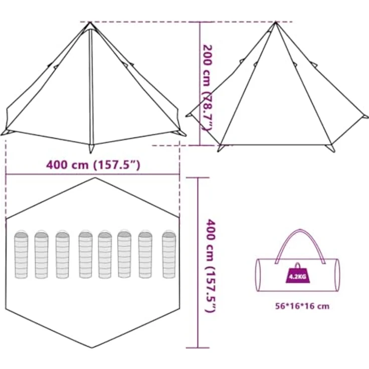 vidaXL Tipi Familienzelt 8 Personen, Wasserdichtes Campingzelt mit E-Anschluss und 2 Aufbewahrungstaschen, Blau 185T Polyester – Bild 3