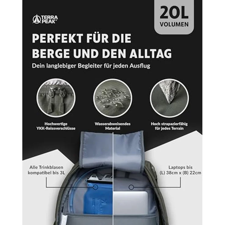 Terra Peak® Premium Wanderrucksack FLEX 20, 20L, wasserdicht, Daypack, olivegrün mit Hüftgurt und Rückenbelüftung – Bild 5